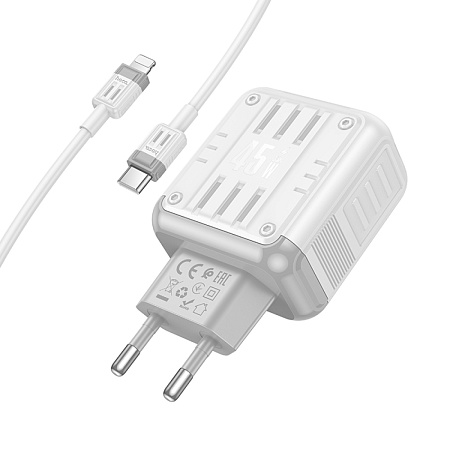 Сетевое зарядное устройство, 1 PD 45W + 1 USB 3.0 QC (C136A), HOCO, Type-C to Lightning, белый