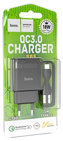 Сетевое зарядное устройство, 1 USB 3.0A (C72Q), HOCO, Type-C, черный
