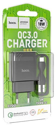 Сетевое зарядное устройство, 1 USB 3.0A (C72Q), HOCO, Type-C, черный