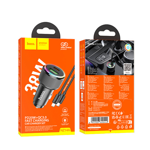 Автомобильное зарядное устройство, 1 USB QC3.0 18W, 1 PD 20W (NZ14A), HOCO, кабель Type-С to Lightning, черный