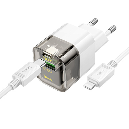 Сетевое зарядное устройство, 1 PD 30W + 1 USB 3.0 QC (C131A), HOCO, Type-C to Lightning, прозрачный с черным