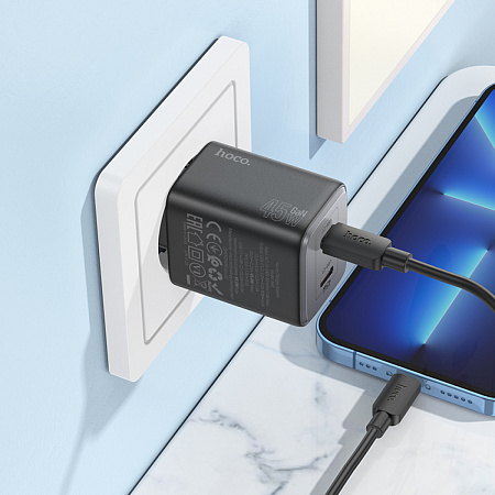 Сетевое зарядное устройство, 2 PD 45W (N42), HOCO, черный