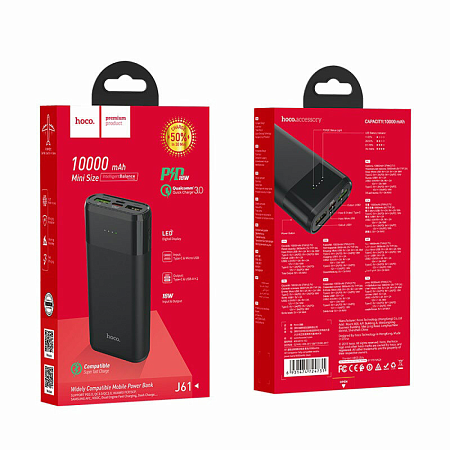 Универсальный Доп. Аккумулятор 10000mAh, J61, PD 18W+QC3.0, Hoco, черный