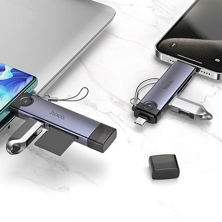 Картридер 3 в 1, Type-C/IP на SD/TF3.0+USB2.0, HB56B, HOCO, серый