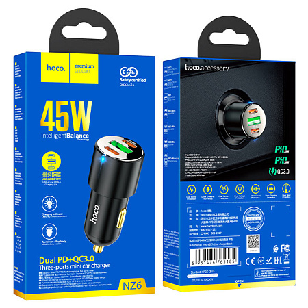 Автомобильное зарядное устройство, 1 USB QC3.0+2 PD 45W (NZ6), HOCO, черный