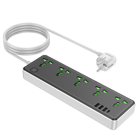 Сетевой фильтр на 5 розеток+3 USB+1 PD, 1.5м, AC13A, HOCO, черный