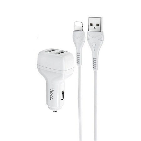 Автомобильное зарядное устройство, 2 USB 2.4A (Z36), usb cable lightning, HOCO, белый