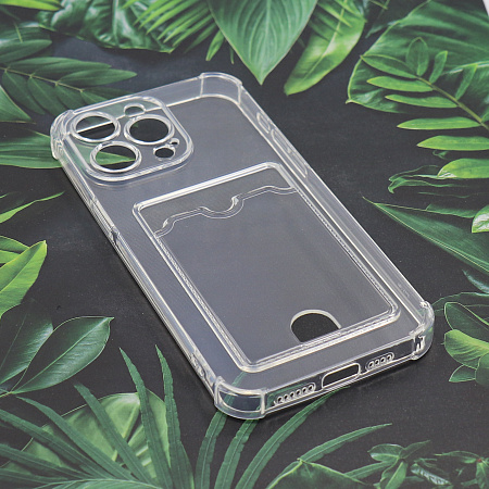 Чехол силиконовый для iPhone 15 Pro Max (6.7), с карманом для карты, с защитой камеры, X-CASE, прозрачный