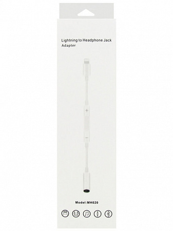 Переходник Lightning to наушники Jack, MH020, с bluetooth, музыка+разговор+кнопки регулировки громкости, белый