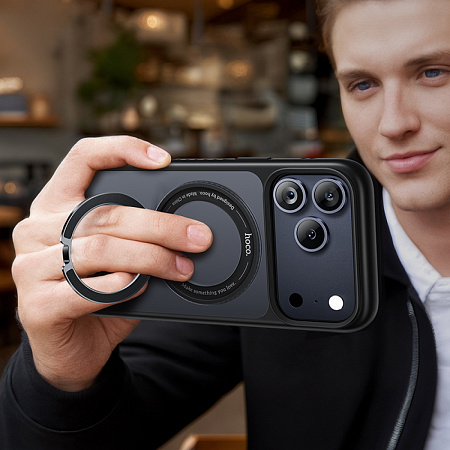 Чехол для iPhone 17 Pro Max, TPU + PC board, Магнитный (MagSafe), с подставкой, AS1, HOCO, черный