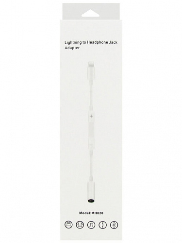 Переходник Lightning to наушники Jack, MH020, с bluetooth, музыка+разговор+кнопки регулировки громкости, белый