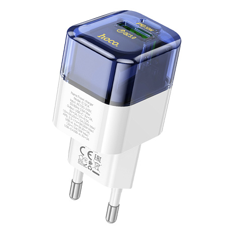 Сетевое зарядное устройство, 1 PD 30W + 1 USB 3.0 QC (C131A), HOCO, прозрачный с синим