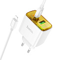 Сетевое зарядное устройство, 1 PD 30W + 1 USB 3.0 QC (CS42A), HOCO, Type-C to Lightning, белый