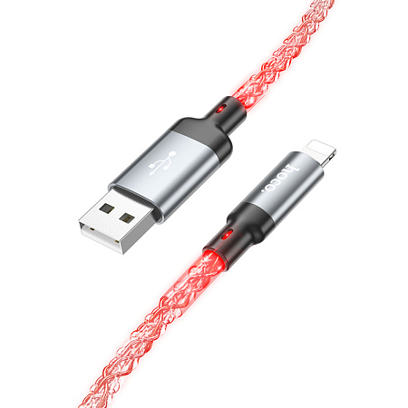 USB дата кабель Lightning, HOCO, U112, 1м, светящийся, серый