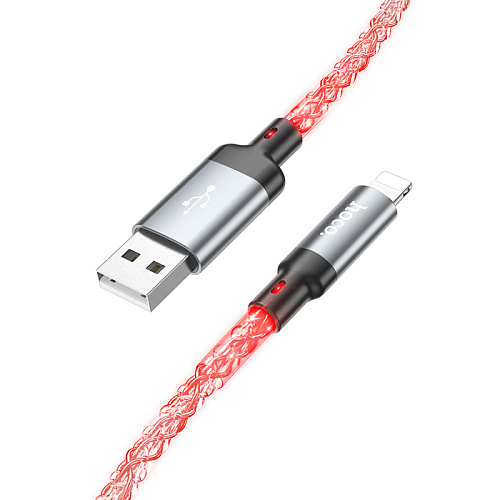 USB дата кабель Lightning, HOCO, U112, 1м, светящийся, серый