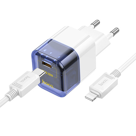 Сетевое зарядное устройство, 1 PD 20W (C125A), HOCO, Type-C to Lightning, прозрачный с синим