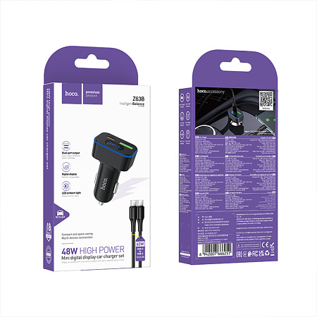 Автомобильное зарядное устройство, 1 USB QC3.0 18W, 1 PD 30W (Z63B), HOCO, кабель Type-C to Type-C, черный