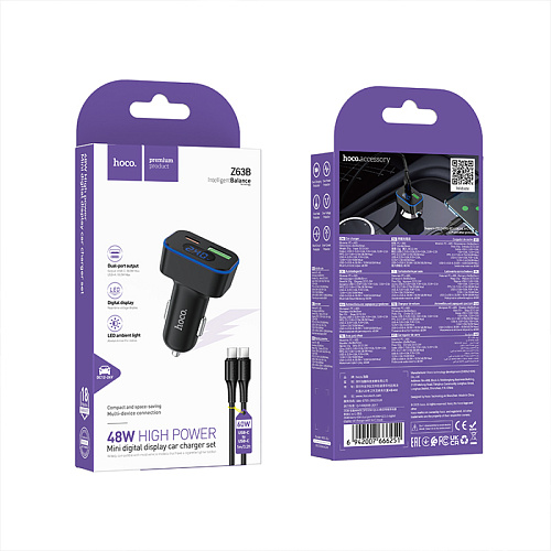 Автомобильное зарядное устройство, 1 USB QC3.0 18W, 1 PD 30W (Z63B), HOCO, кабель Type-C to Type-C, черный