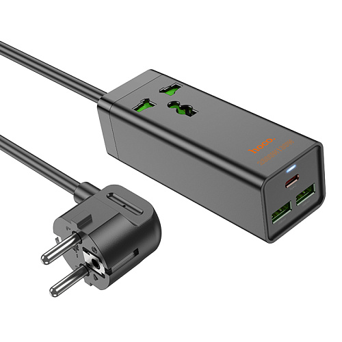 Сетевой фильтр на 1 розетка+2 USB+1 PD, 1.5м, AC9A, HOCO, черный