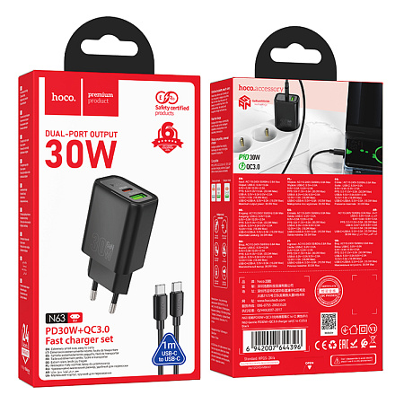Сетевое зарядное устройство, 1 USB 3.0 QC+1 PD 30W (N63), HOCO, Type-C to Type-C, черный