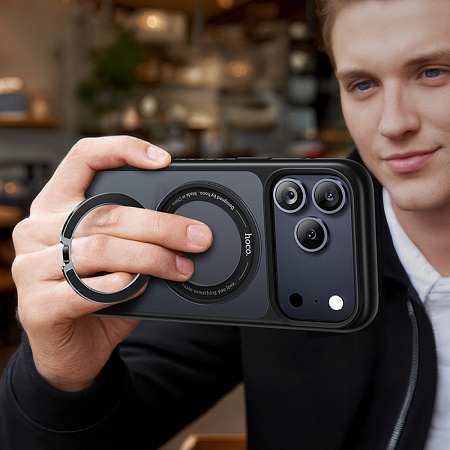 Чехол для iPhone 17 Pro, TPU + PC board, Магнитный (MagSafe), с подставкой, AS1, HOCO, черный