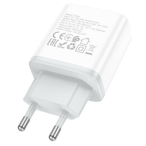 Сетевое зарядное устройство, 1 PD 20W + 1 USB 3.0 QC (C105A), HOCO, белый