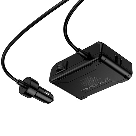 Разветвитель прикуривателя на 2 USB 5В 2.4А + 2 PD 5В 3А + 3 прикуривателя на проводе Z64, с дисплеем, черный