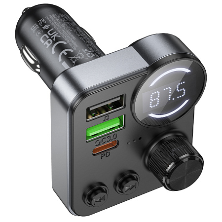 Bluetooth FM модулятор, E86, HOCO, 1 USB QC3.0+1 PD (30Вт)+1 USB 5V/0.5A, черный
