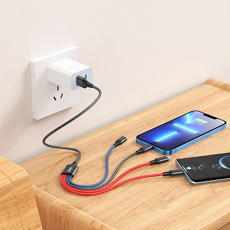 USB дата кабель Lightning+Micro+Type-C+Type-C, X76, HOCO, черный, красный, синий