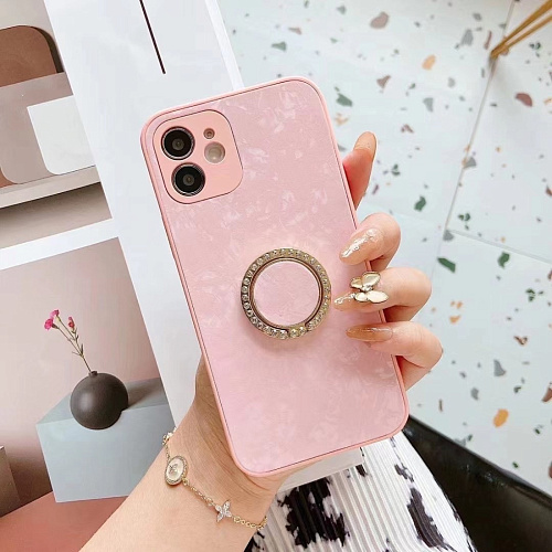 Чехол силиконовый для iPhone 13 (6.1), с подставкой кольцом на палец со стразами, X-CASE, розовый