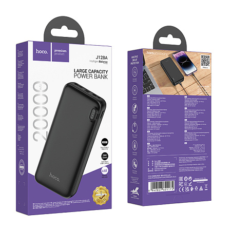 Универсальный Доп. Аккумулятор 20000mAh, J128A, HOCO, выход: 2 USB (5V/2A), черный