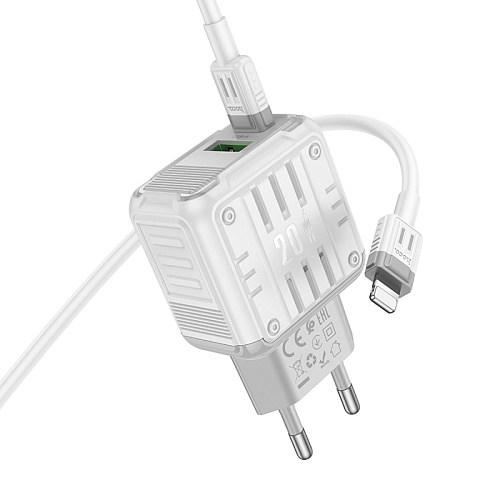 Сетевое зарядное устройство, 1 PD 20W + 1 USB 3.0 QC (C135A), HOCO, Type-C to Lightning, белый