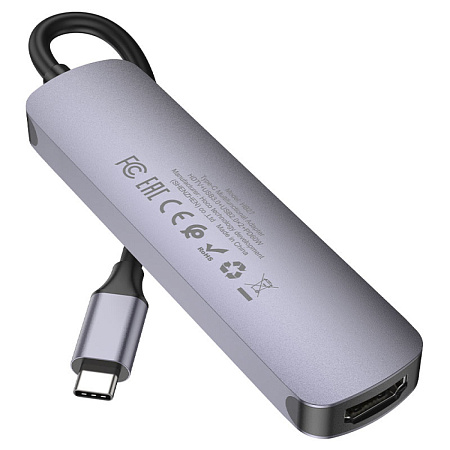 USB Хаб (HB27) c 1 Type-C на 1 USB 3.0 + 2 USB 2.0+USB-C+HDMI, HOCO, металлический серый