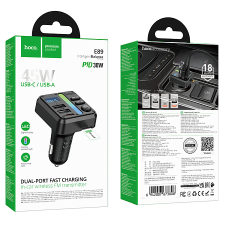 Bluetooth FM модулятор, E89, HOCO, 1 PD (30Вт)+1 USB 3A (15Вт)+1 USB 5V/0,5A (для USB накопителя), черный