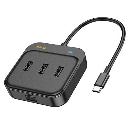 USB Хаб (HB35) с 1 Type-C на 3 USB 2.0+RJ45, HOCO, L=0.2M, черный