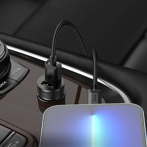 Автомобильное зарядное устройство, 2 USB 2.4A (Z49), usb кабель lightning, HOCO, черный