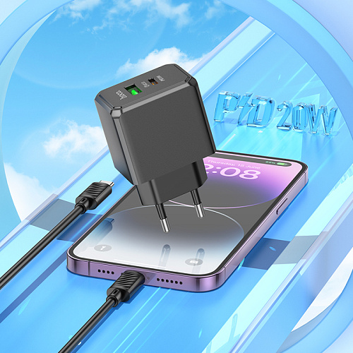 Сетевое зарядное устройство, 1 PD 20W + 1 USB 3.0 QC (CS14A), HOCO, Type-C to Lightning, черный