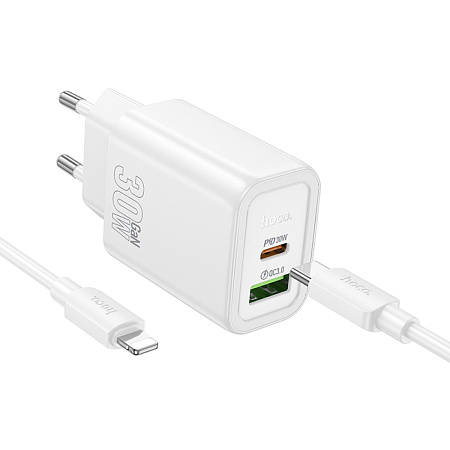 Сетевое зарядное устройство, 1 USB 3.0 QC+1 PD 30W (N63), HOCO, Type-C to Lightning, белый