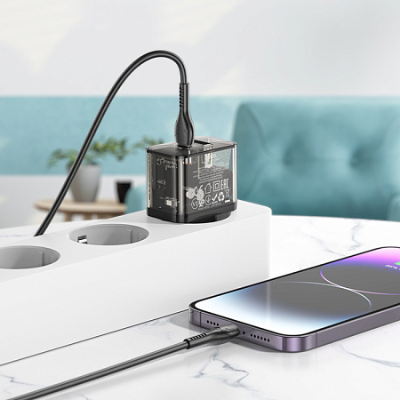 Сетевое зарядное устройство, 1 PD 20W + 1 USB 3.0 QC (N34), HOCO, прозрачный черный