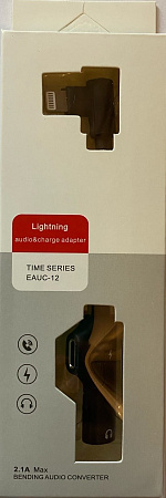 Переходник Lightning to наушники Jack+зарядка, угловой со шнуром, без bluetooth, музыка+зарядка, черный