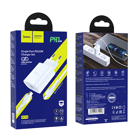 Сетевое зарядное устройство, 1 PD 20W + 1 USB 3.0 QC (N14), HOCO, Type-C to Lightning, Умная зарядка, белый