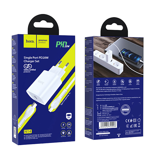 Сетевое зарядное устройство, 1 PD 20W + 1 USB 3.0 QC (N14), HOCO, Type-C to Lightning, Умная зарядка, белый