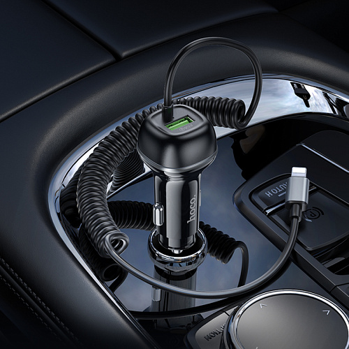 Автомобильное зарядное устройство, 1 USB QC3.0 18W, витой кабель Lightning (Z58B), HOCO, черный