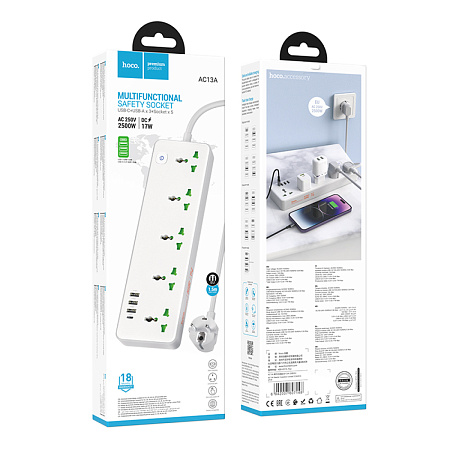 Сетевой фильтр на 5 розеток+3 USB+1 PD, 1.5м, AC13A, HOCO, белый
