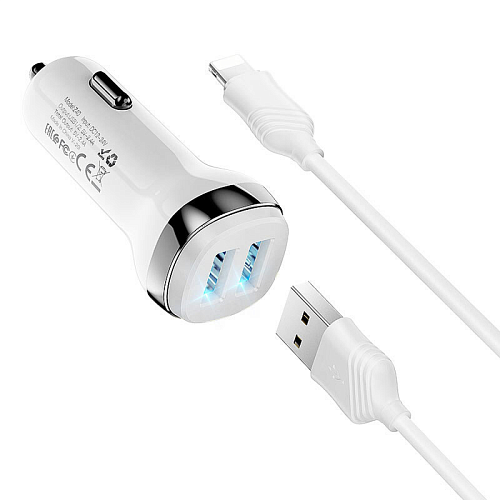 Автомобильное зарядное устройство, 2 USB 2.4A (Z40), usb cable lightning, HOCO, белый
