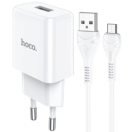 Сетевое зарядное устройство, 1 USB 2.1A (N9), HOCO, Micro, Fast Charge, Безопасный сертификат, белый