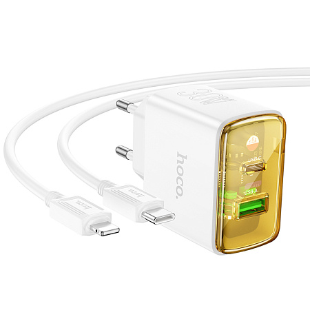 Сетевое зарядное устройство, 1 PD 30W + 1 USB 3.0 QC (CS42A), HOCO, Type-C to Lightning, белый