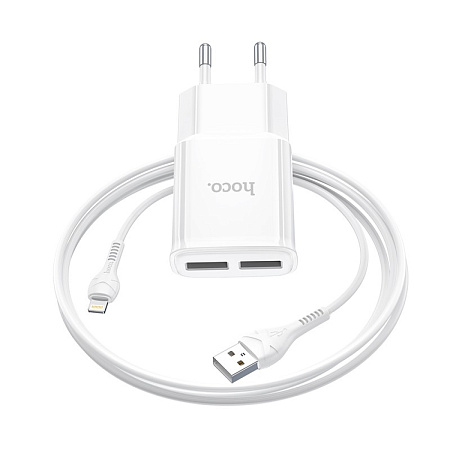 Сетевое зарядное устройство, 2 USB 2.4A (C88A), HOCO, Lightning, белый