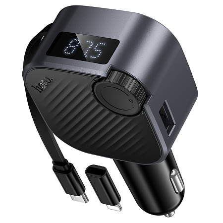Bluetooth FM модулятор, E167 Hero, HOCO, 1 PD 30W+1 USB QC3.0, с выдвижным кабелем, черный