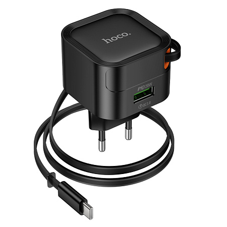 Сетевое зарядное устройство, 1 USB 3.0 QC+встроенный кабель-рулетка Type-C, 20W (C154A), HOCO, черный
